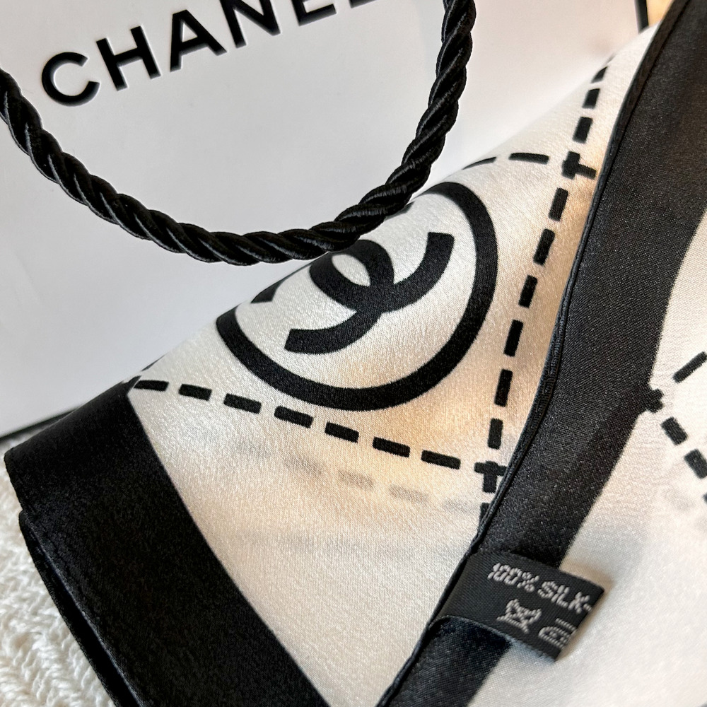 100% SILK Luxury Scarf Designer Logo 20" Black on White Glam Coquette Elegant - Picture 5 of 5